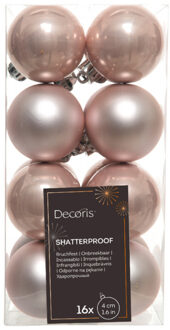 Decoris 16x stuks kunststof kerstballen zacht roze 4 cm