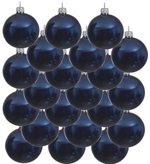 Decoris 18x Donkerblauwe glazen kerstballen 8 cm glans
