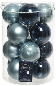 Decoris 18x stuks glazen kerstballen lichtblauw en donkerblauw 8 cm - Kerstbal