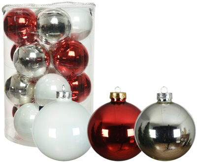 Decoris 18x stuks glazen kerstballen wit, rood en zilver glans 8 cm - Kerstbal