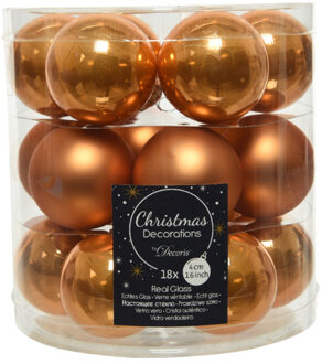 Decoris 18x stuks kleine glazen kerstballen cognac bruin (amber) 4 cm mat/glans