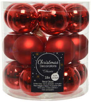 Decoris 18x stuks kleine glazen kerstballen rood 4 cm mat/glans