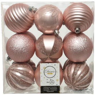 Decoris 18x stuks kunststof kerstballen lichtroze (blush pink) 8 cm met luxe afwerking - Kerstbal