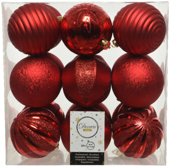 Decoris 18x stuks kunststof kerstballen rood 8 cm met luxe afwerking - Kerstbal