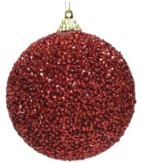 Decoris 1x Kerst rode glitter/kralen kerstballen 8 cm kunststof - Onbreekbare kerstballen - Kerstboomversiering rood