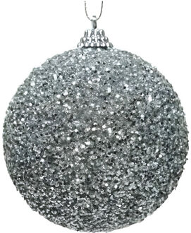 Decoris 1x Kerstballen zilveren glitters 8 cm met kralen kunststof kerstboom versiering/decoratie - Kerstbal Zilverkleurig