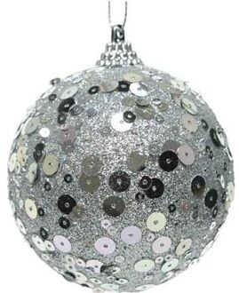 Decoris 1x Kerstballen zilveren glitters 8 cm met pailletten kunststof kerstboom versiering/decoratie - Kerstbal Zilverkleurig