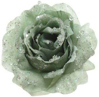 Decoris 1x Kerstboomversiering/kerstornamenten groene rozen op clip 14 cm