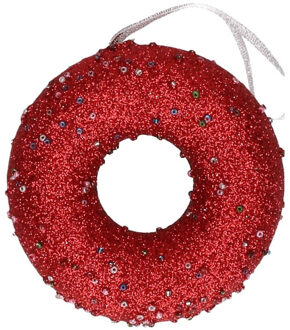 Decoris 1x Kersthangers figuurtjes donut kerst rood met kraaltjes 10 cm
