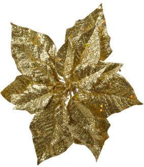 Decoris 1x stuks decoratie bloemen kerstster goud glitter op clip 23 cm