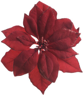 Decoris 1x stuks decoratie bloemen kerstster rood glitter op clip 24 cm