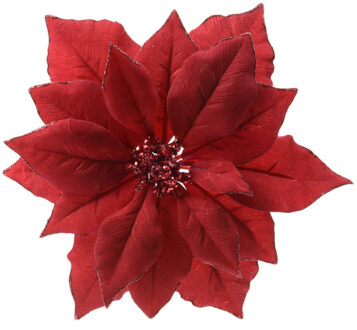 Decoris 1x stuks decoratie bloemen kerstster rood glitter op clip 24 cm