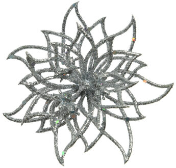 Decoris 1x stuks decoratie bloemen kerstster zilver glitter op clip 14 cm