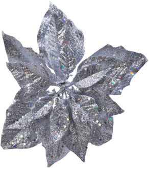 Decoris 1x stuks decoratie bloemen kerstster zilver glitter op clip 23 cm