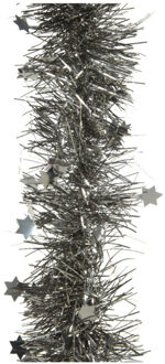 Decoris 1x stuks lametta kerstslingers met sterretjes antraciet (warm grey) 270 x 10 cm