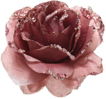 Decoris 1x stuks oud roze decoratie bloemen rozen op clip 14 cm - Kersthangers