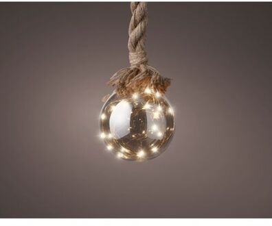 Decoris 1x stuks verlichte glazen kerstballen aan touw met 30 lampjes zilver/warm wit 15 cm - kerstverlichting figuur Zilverkleurig
