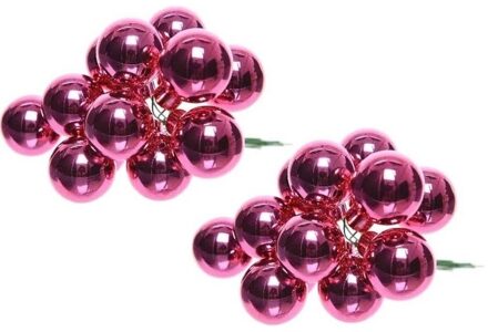 Decoris 20x Fuchsia roze mini kerststukjes insteek kerstballetjes 2 cm van glas - Kerststukjes