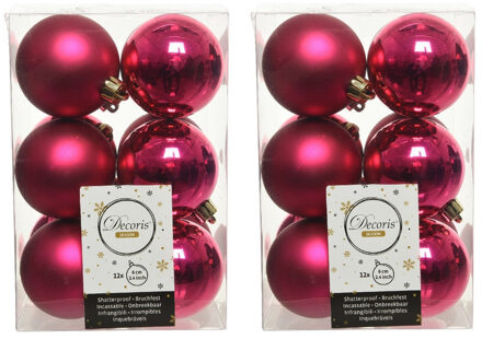 Decoris 24x Kunststof kerstballen glanzend/mat bessen roze 6 cm kerstboom versiering/decoratie - Kerstbal