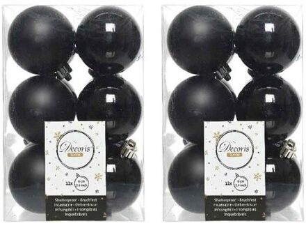 Decoris 24x Kunststof kerstballen glanzend/mat zwart 6 cm kerstboom versiering/decoratie - Kerstbal