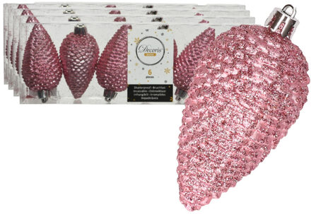 Decoris 24x stuks kunststof glitter dennenappels kersthangers lippenstift roze 8 cm