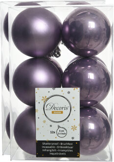 Decoris 24x stuks kunststof kerstballen heide lila paars 6 cm glans/mat