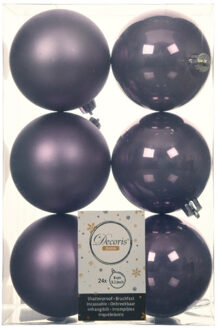 Decoris 24x stuks kunststof kerstballen heide lila paars 8 cm glans/mat