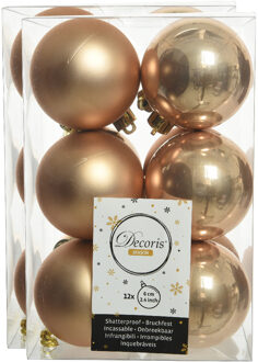 Decoris 24x stuks kunststof kerstballen toffee bruin 6 cm glans/mat