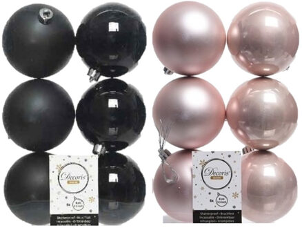 Decoris 24x stuks kunststof kerstballen zwart en lichtroze 8 cm - Kerstbal Multikleur