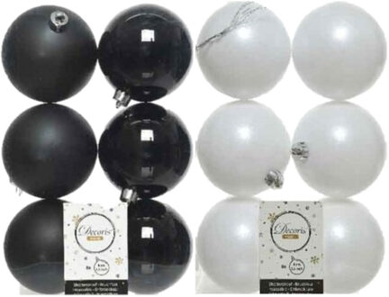 Decoris 24x stuks kunststof kerstballen zwart en wit 8 cm - Kerstbal Multikleur