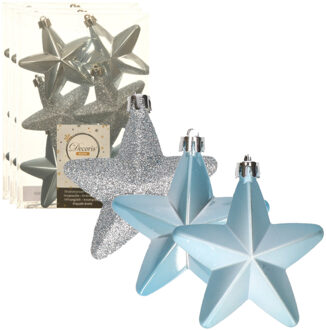 Decoris 24x stuks kunststof sterren kersthangers lichtblauw 7 cm