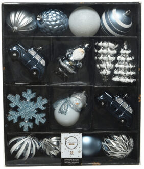 Decoris 25x Kerstballen en kersthangers figuurtjes lichtblauw/wit kunststof