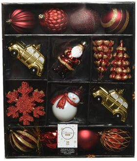 Decoris 25x Kerstballen en kersthangers figuurtjes rood/goud kunststof Multi