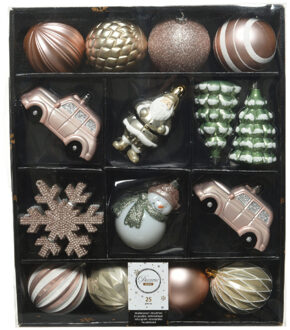 Decoris 25x Kerstballen en kersthangers figuurtjes salie groen/parel/lichtroze/wit kunststof