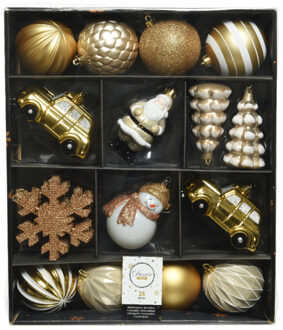 Decoris 25x stuks kerstballen en kersthangers figuurtjes goud met wit kunststof - Kersthangers Multikleur