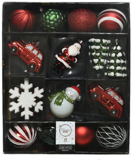 Decoris 25x stuks kerstballen en kersthangers figuurtjes rood/wit/groen kunststof