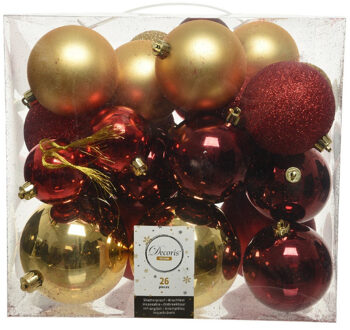Decoris 26 Stuks kunststof kerstballen mix goud-rood 6, 8, 10 cm