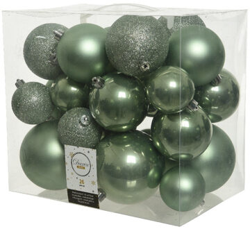 Decoris 26 Stuks salie groene kerstballen 6-8-10 cm kunststof