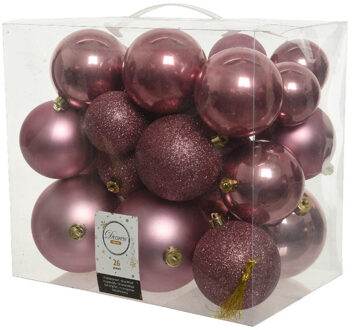 Decoris 26x Kunststof kerstballen mix oud roze 6-8-10 cm kerstboom versiering/decoratie - Kerstbal