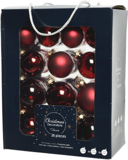 Decoris 26x stuks glazen kerstballen donkerrood 5, 6 en 7 cm mat/glans - Kerstbal