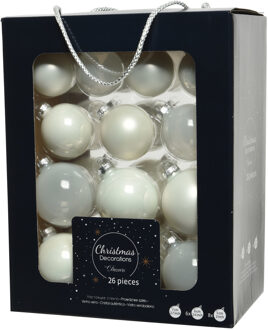 Decoris 26x stuks glazen kerstballen wit 5, 6 en 7 cm mat/glans