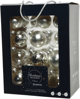 Decoris 26x stuks glazen kerstballen zilver 5, 6 en 7 cm mat/glans - Kerstbal Zilverkleurig