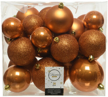 Decoris 26x stuks kunststof kerstballen cognac bruin (amber) 6-8-10 cm glans/mat/glitter - Kerstbal