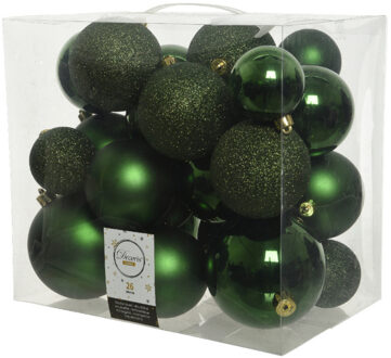 Decoris 26x stuks kunststof kerstballen donkergroen (pine) 6-8-10 cm glans/mat/glitter - Kerstbal