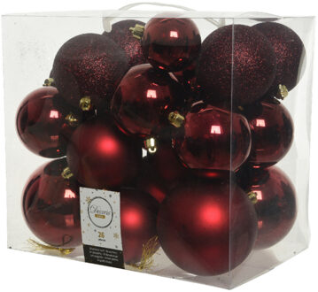 Decoris 26x stuks kunststof kerstballen donkerrood (oxblood) 6-8-10 cm - Kerstbal