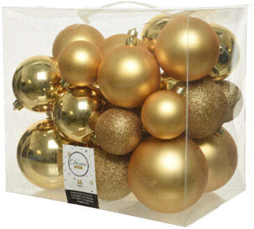 Decoris 26x stuks kunststof kerstballen goud 6-8-10 cm glans/mat/glitter Goudkleurig