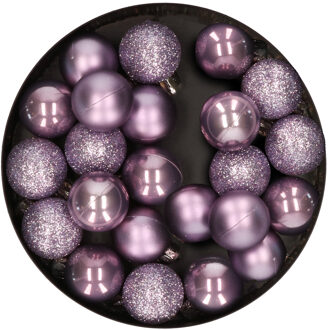 Decoris 28x stuks kleine kunststof kerstballen heide lila paars roze 3 cm