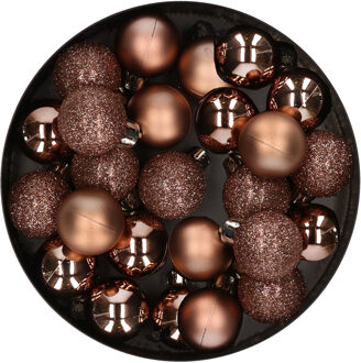 Decoris 28x stuks kleine kunststof kerstballen walnoot bruin 3 cm