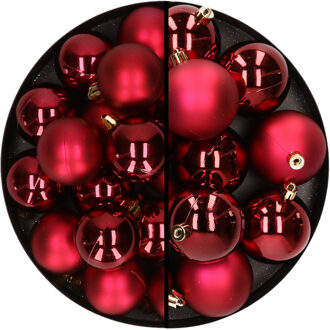 Decoris 28x stuks kunststof kerstballen donkerrood 4 en 6 cm