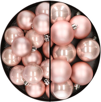 Decoris 28x stuks kunststof kerstballen lichtroze 4 en 6 cm